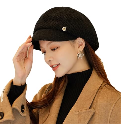 Women's Wool Knit Newsboy Hat Slouchy Vintage Beret Hat Winter Warm Cozy Casual Daily Fashion Cabbie Cap with Brim Black