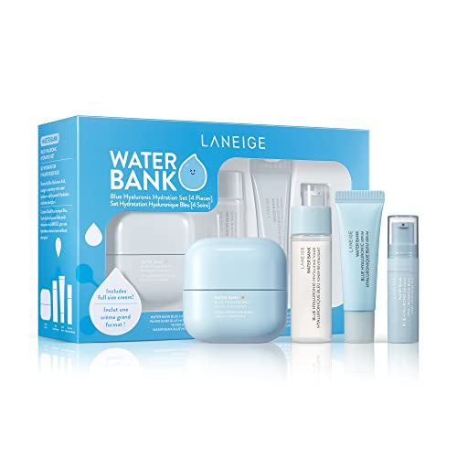 Laneige Water Bank Blue Hyaluronic Hydration Set: Hydrate, Nourish, Full Sized Cream Moisturizer, Travel Sized Eye Cream, Toner, Cleanser