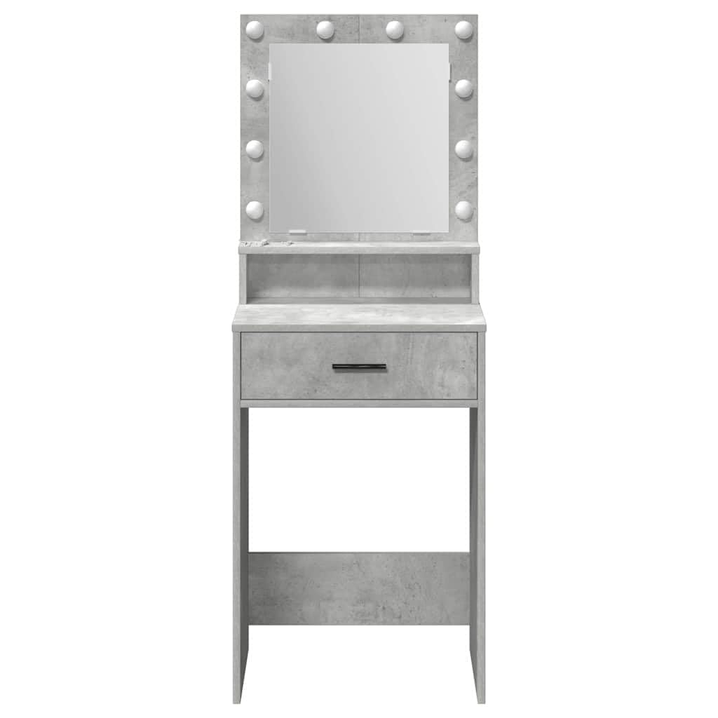 Schminktisch Beton Grau aus Holzwerkstoff mit LED Beleuchtung, Makeup Spiegel, 2 Schubladen, Stauraum und Ablage, platzsparend für Schlafzimmer und Ankleidezimmer