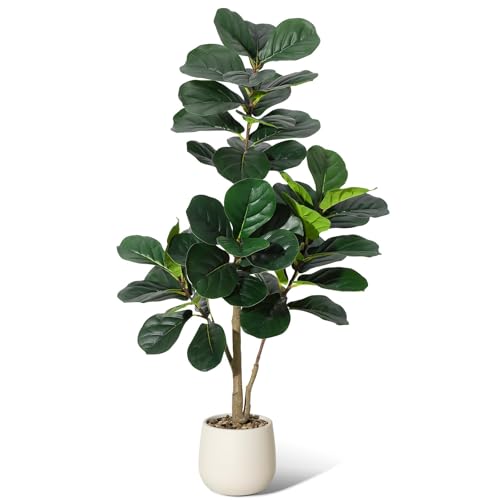 Garvee Kunstpflanze Fiddle Feigenbaum 120cm Künstliche Pflanzen Groß Mit Schotter Und Moos Plastikpflanzen Mit Weiß Topf Und Schotter Für Home Decor Zimmerdeko Schlafzimmer Dekoration