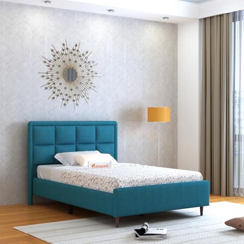 Image of Ganpati Arts Solid Sheesham Wood Louis Upholstered Single Size Bed Without Storage | Modern Design Wooden Single Bed Cot Palang Furniture for Bedroom, Guest Room, Hotels and Home (Teal, 4 Ft)