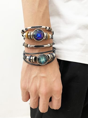 2Pcs Multilayer Constellation Zodiac Leather Bracelet for Women Men Handmade Woven Zodiac Sign Wrap Wristband Bracelet Couple BFF Birthday Jewelry2