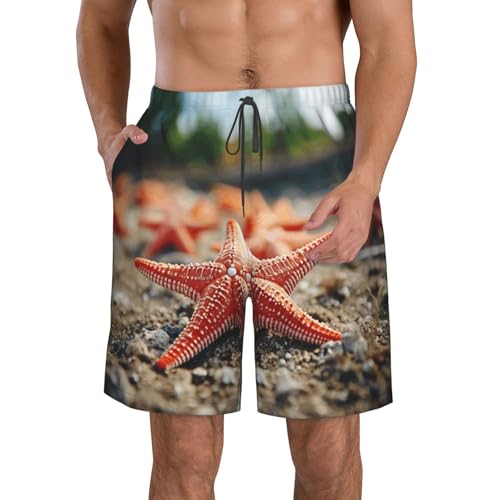 Starfish and Coral on Beach Print Mens Casual Shorts Drawstring Summer Beach Stretch Shorts Novelty Swimtrunks