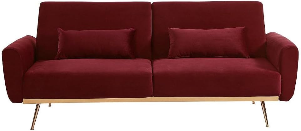 앞쪽 view of the Vente-unique Launei 3-seater convertible sofa in Bordeaux velvet, with two matching cushions.
