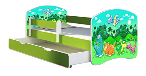 ACMA Lit Enfant Junior TIROIR Matelas sommier Gratuite Vert Meubles pour Enfants II (30 Dinosaures, 140 x 70 cm + tiroir)