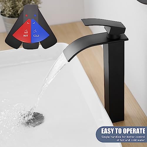 RUMOSE Tall Bathroom Faucet Matte Black Vessel Sink Faucet with Pop Up Drain Modern Single Handle One Hole Waterfall Vanity Tap, Stainless Steel - Image 6