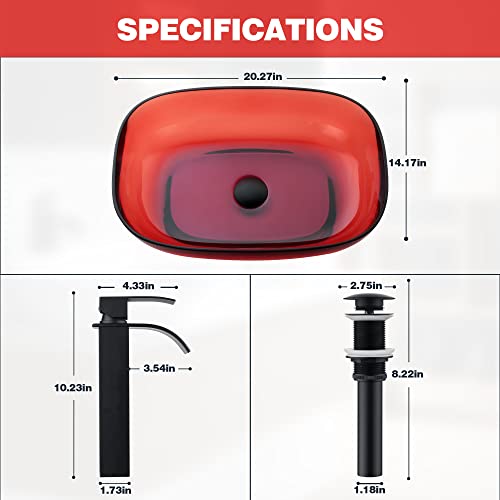 Bathroom Oval Resin Vessel,Heisok 20.27" X 14.17" Red Vessel Sink Above Counter Artistic Vanity Sink Translucent Bathroom Sink,Waterfall Single Hole Faucet With Pop-Up Drain #TOP7