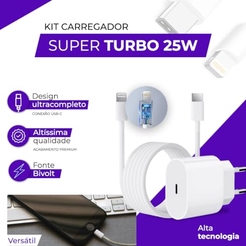 Carregador Turbo 25W Compatível iPhone 8 Plus X Xr 11 12 13 14 Plus Pro Max Carga Rápida Usb-c Com C