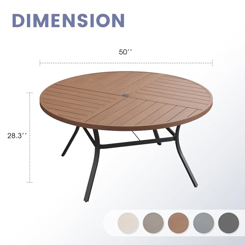 Image of VICLLAX 50 inch Round Outdoor Table, Patio Dining Table for 6 with Umbrella Hole for Garden Lawn Deck Backyard, Walnut