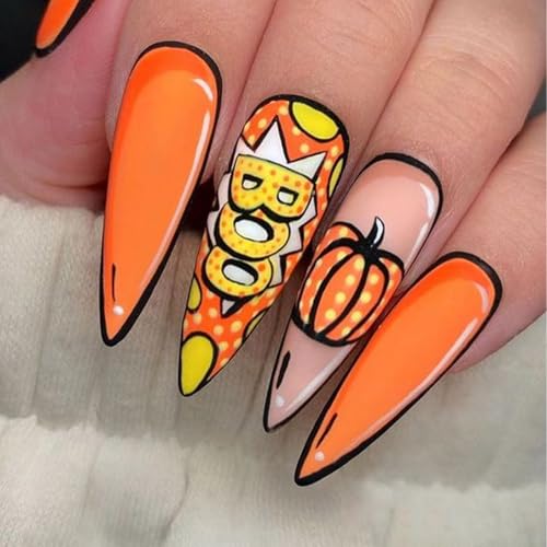 Thanksgiving Press On Nails - Long Tip Almond Acrylic False Nails - Pumpkin & Halloween Designs - Glossy Stick Ons - 24 Pcs
