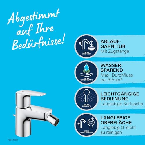 GROHE StartEdge, Bidetarmatur, wassersparend (WC Dusche für die Toilette im Bad, Kugelgelenk-Mousseur, mit Zugstangen-Ablauf, 13cm hoch, mit 3in1 Werkzeug, einfache Installation), chrom, 23345001