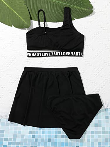 Image of Milumia Girl's 3 Piece Swimsuits Letter Print Asymmetrical Neck Cut Out Bikini Set with Beach Skirt Black 8-9 Years