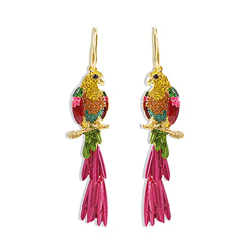 Rhinestone Parrot Bird Dangle Earrings for Women Girls Colorful Crystal Pink Feather Statement Drop Fish Hook Dangling Stud Lightweight Boho Carnival Holiday Prom Party Jewelry Gifts Souvenirs
