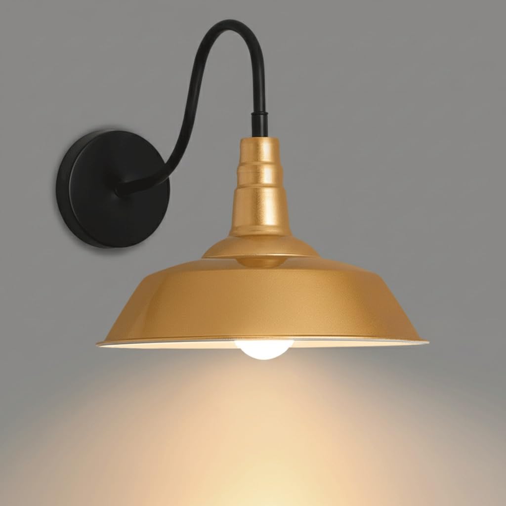 IvyLoutish Modern Industrial Barn Wall Sconce, Colorful Farmhouse Gooseneck Wall Light with Metal Umbrella Shade, Vintage Fixture for Restaurant Bar BBQ Shop Kitchen Decor, E26/E27(Gold)
