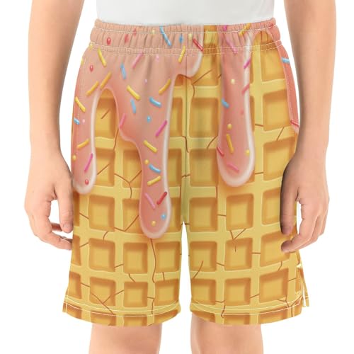 Waffles Ice Cream Cone Athletic Shorts with Zipper Pockets, Youth Boys Athletic Running Shorts for Summer2