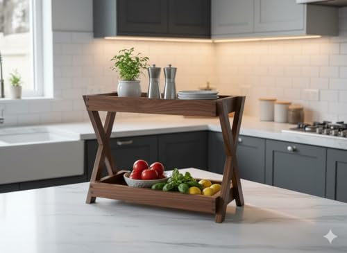 Furnelift Wooden Kitchen Rack Organiser 2 Tier Shelf | Multipurpose Solid Teak Wood Storage Organizer | Grocery Spice Rack | Sugar Containers,Jars, Bottels Holder for Kitchen (Caddy)