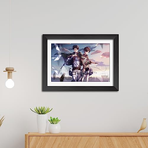Image of TenorArts Eren and Levi Poster Attack on Titan Anime Posters Laminated Photo Frame Painting with Matt Finish Black Textures (12inches x 9inches)