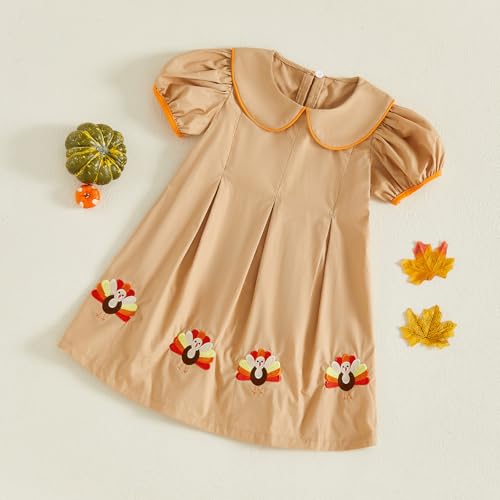 Toddler Baby Girl Thanksgiving Outfit Turkey Embroidery Short Sleeve Peter Pan Collar Smocked Dress Infant Clothes4