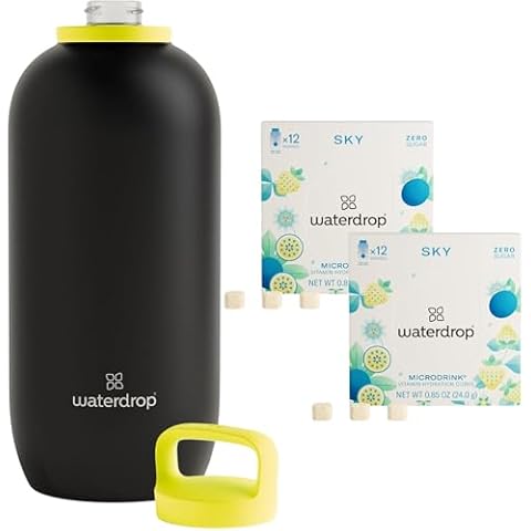 Waterdrop Water Bottle, Vacuum Insulated, Double Walled, Leakproof, Black/Yellow, 64 Oz | Hydration Cubes, Pineberry, Passion Fruit & Pear, Vitamin C, B1 & B3, On The Go Water Enhancer Drops, 24 Count Cover