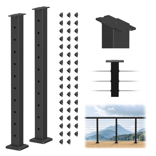 BLIKA 2Pack 36" Level Drilled Cable Railing Post(Post 35"x2"x2"), Flat Top Surface Mount Deck Post, Stainless Steel Black Powder Coated Finish Cable Handrail Post for Deck Railing, BL02-LP