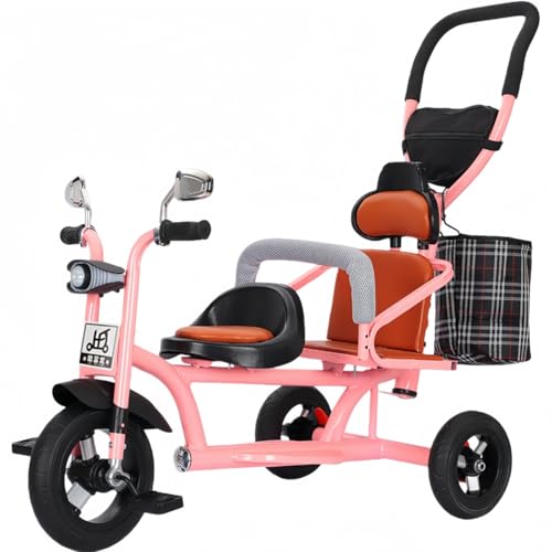 MiluFox 二人乗り 三輪車 双子用 ベビーカー 子供用 自転車 シートロック可能 物置くカゴ付き 補助棒取り外す可能 高さ調節可能 ロック可能タイヤ LED付きヘッドライト 誕生日 プレゼント アウトドア 室内兼用 (【革シートライトミュージックチタ
