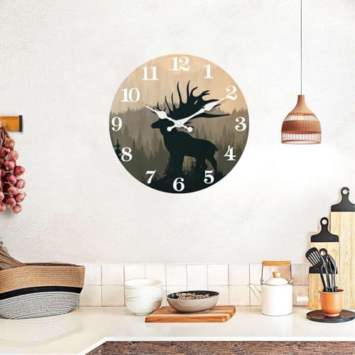 Image of XFM Rustic Cabin Deer Wall Clock 10 Inch Farmhouse | Silent Non-Ticking Battery Operated Round Decorative for Cabin Kitchen Farmhouse Decor