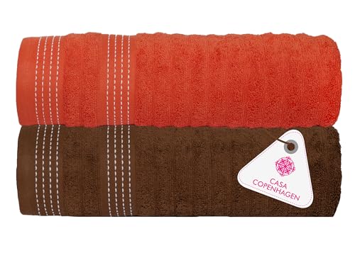 Image of CASA COPENHAGEN, Super Soft Elegance Collection 2 Pieces 100% Cotton Large Bath Towel (Size : 75 x 150 cm) - Toffe & Orange