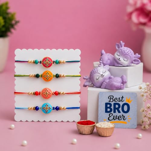 Image of eCraftIndia Set of 4 Designer Rakhi for Brother with Best Bro Ever Fridge Magnet & Cute Deer Showpieces | Premium Beaded Rakhi Set with Roli Chawal | Raksha Bandhan Gift Combo