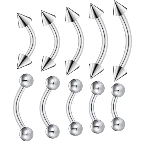Glanzend Body Piercing Jewelry Lot de 10 piercings de sourcil en acier chirurgical 16 G Diaphragme Piercing de sourcil Barre courbée longue 1,2 mm Piercing pour lèvre 6 mm, 8 mm, 10 mm, 12 mm, 14 mm
