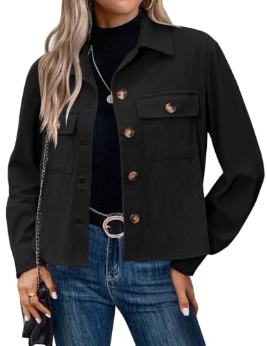 Image of HOTOUCH Jackets for Women Button Up Short Casual Jackets Ladies Light Bomber Jacket Cropped Corduroy Jacket Outdoor Coat Shacket Black Size 10