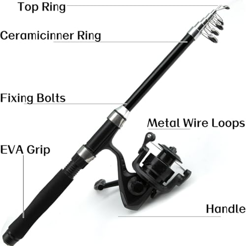 Nyganmelloz 23Pcs Rod Reel Combo, 1.8m Carbon Fiber Telescopic Fishing Pole and Reel Combo with Line Lures Tackle Hooks Reel Carrier Bag Fishing Rod Set for Adults Travel Saltwater Freshwater