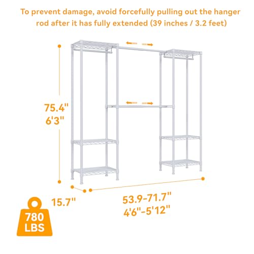 Higeego H10 Expandable Clothes Rack Clothing Rack for Hanging Clothes, Heavy Duty Garment Rack, Freestanding Wardrobe Closet Organizer with Hanger Rods, Extendable from 4.6 to 5.1 ft, White by Higeego - Image 4