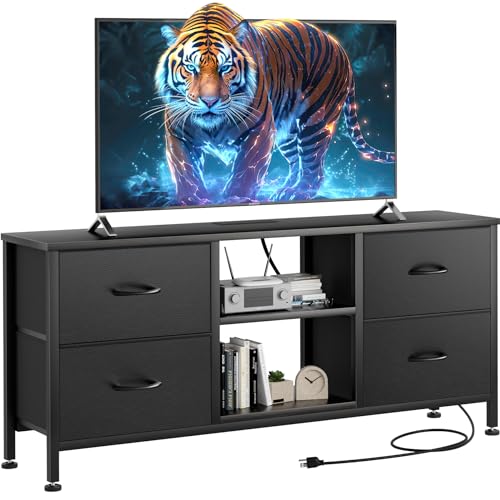YaFiti TV Stand for Bedroom, Dresser TV Stand with 4 PU Drawers & Open Shelves for 50' TV, Entertainment Center with Power Outlet, Dresser for Bedroom, Living Room, Entryway, Black