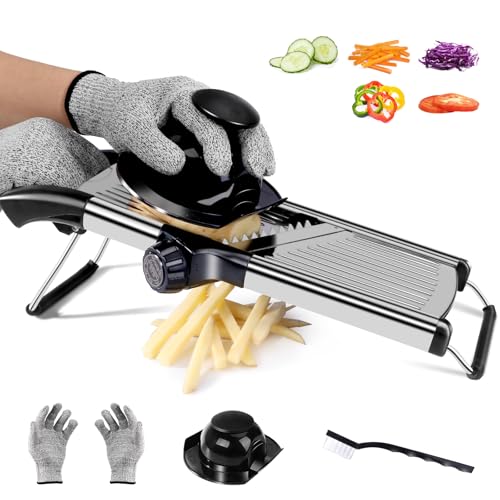 OZD Mandoline Vegetable Slicer, 5-in-1 Stainless Steel Vegetable Cutter, Adjustable Mandoline Food Slicer for Kitchen, with Safety Gloves and Cleaning Brush