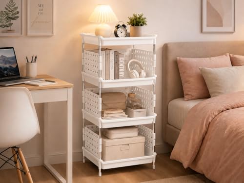 Image of KITCHIVO Multipurpose Storage Rack Organizer with Stainless Steel Pipes | Heavy Duty Plastic Shelf Stand for Kitchen, Bathroom, Laundry & Pantry (White, 4 Layer)