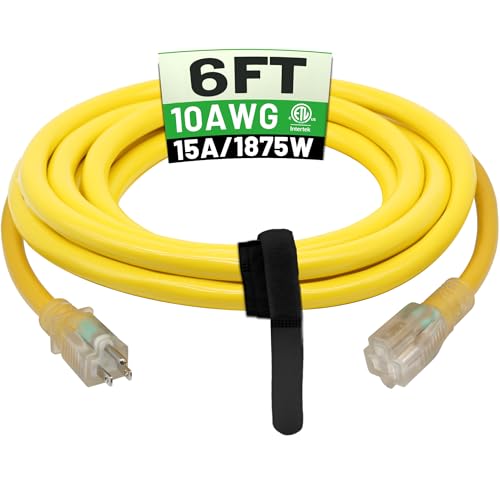 POWGRN 6 Ft 10AWG Outdoor Extension Cord Waterproof Heavy Duty 10 Gauge 3 Prong, Flexible Cold-Resistant Power Cord Indoor & Outside with Lighted Indicator End, 15Amp 1875W SJTW Yellow ETL Listed
