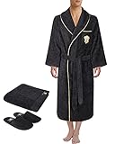Roma men’s Lounge Robe Egyptian Cotton Terry Knitted Bathrobe, Slippers, Hand Towel, Black-Gold...