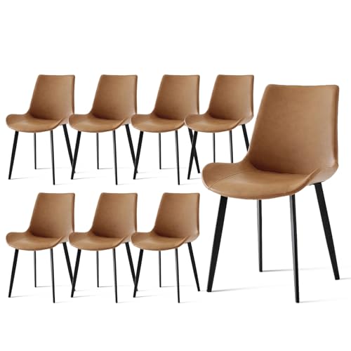 PU Leather Dining Chairs Set of 8, Modern Upholstered Dinner Chairs with Sturdy Metal Legs and Comfort Backrest for Home Kitchen, Living Room, Accent Side Chairs (Rustic Brown)