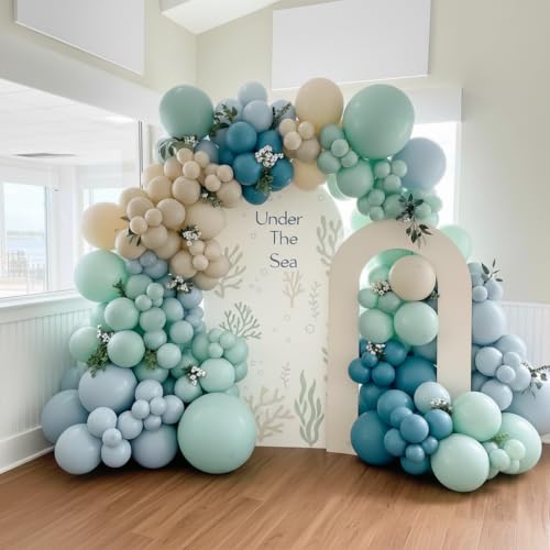 Image of 163Pcs Under The Sea Balloon Garland Arch Kit - Ocean Theme Party Decorations with Dusty Slate Blue Pastel Green Sand White Balloons for Baby Shower Birthday Under the Sea Party Decorations