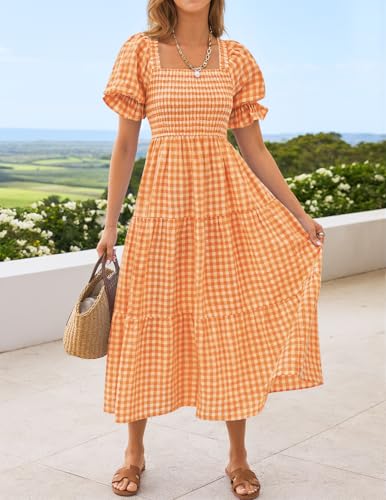 Image of ZESICA Women's 2026 Boho Summer Dresses Gingham Puff Sleeve Square Neck Flowy Beach Midi Dress