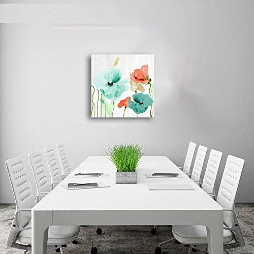 Genius Decor - Watercolor Poppies Flowers In Teal And Coral Wall Art Canvas Print For Home Decor, Ready To Hang (Teal Coral, 20X20Inch) #TOP4