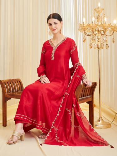 Image of MOKOSH Women's Silk Embroidery Anarkali Kurta Pant with Dupatta | Anarkali Kurta Set |Ethnic Kurta Set for Women |Floral Kurta 7 Colour Options Available |3 Piece Outfit