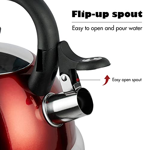 3.17Qt Stainless Steel Whistling Tea Kettle, Compatible With All Burners Including Induction, Foldable Handle, 18/10 Stainless Steel Kettle Tea Kettle Red 3L #TOP3
