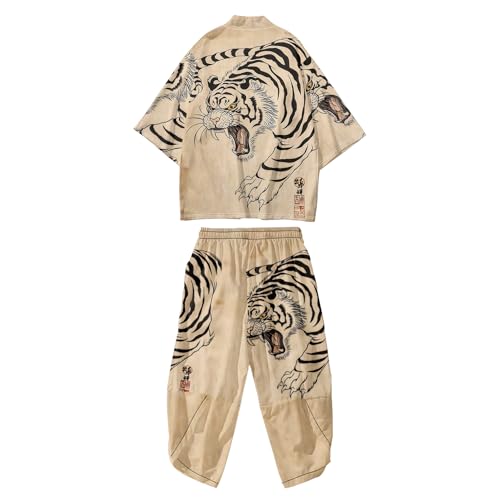 Image of DOSLAVIDA Men's Japanese Kimono Jacket Set Stylish Open Front Coat With Shorts Chinese Style Printed Cardigan Suit