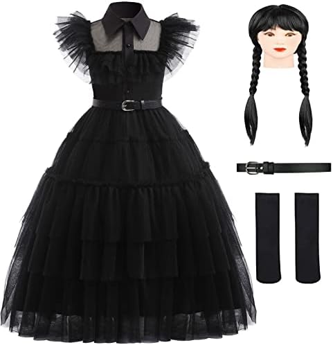 Hellet Girls Cosplay Costume Dress for Wednesday Addams Family Kids Costumes Black Dance Princess for Halloween School Party