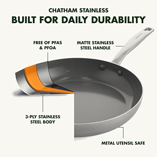 GreenPan Chatham Tri-Ply Stainless Steel Healthy Ceramic Nonstick 10" and 12" Frying Pan Skillet Set, PFAS-Free, Induction Suitable, Dishwasher Safe, Silver - Image 4