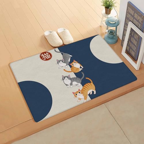 Yubilinco キッチンマット 和風 可愛い猫 猫 紺色 ベージュ マット 合皮 踏み心地いい 撥水 直接拭ける 滑り止め付 保温 キッチン 台所 リビングルーム 部屋 玄関マット お手入れ簡単 直角長方形 丈夫 45×150cm