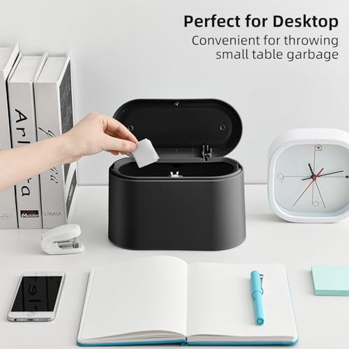 Image of SUBEKYU 0.5 Gal Mini Countertop Trash Can with Lid for Desktop, Small Garbage Can for Office, Tiny Wastebasket, Plastic,Black