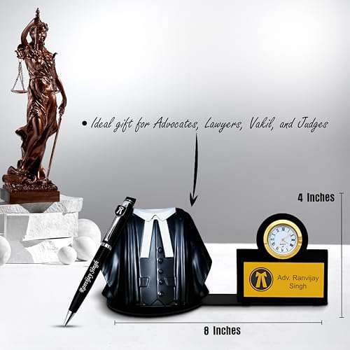 Image of SAVRI Personalized Advocate Coat Pen Stand with Watch & Adv Pen With Name Engraved. Ideal Gift for Advocates, Lawyers, Vakils & Judges. Best for Birthday, Ceremony, Anniversary - Size 4x8 Inch