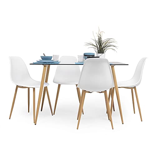 Homely - Conjunto de Comedor Cairo Nordic | Mesa + 4 sillas | Diseño Nórdico | Comedor, Salón, Cocina, Sala | Mesa de Cristal de 120x79,5 cm | 4 sillas nórdicas Color Blanco